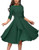 Womens Elegance Audrey Hepburn Style Ruched Dress Round Neck 34 Sleeve Sleeveless Swing Midi A-line Dresses with Pockets Green