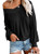 Womens V Neck Long Sleeve Off Shoulder Top Waffle Knit Oversized Pullover Sweater Casual Shirt Tunic Black Large