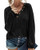 Women Long Sleeve Casual Tees Waffle Knit Shirts V-Neck Slouchy Loose Blouses Plain Faux Button Pullover Black-M