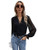 SheIn Women's Long Flounce Sleeve Blouse Shirt V Neck Scallop Trim Solid Tops Black M