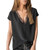 Womens Batwing Short Sleeve v Neck Lace Patchwork Blouse Casual Loose Shirt Tops Summer Elegant Tunics-Black  L-