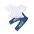 Toddler Baby Girl Off Shoulder Ruffle Shirts Top Blouse Denim Ripped Jeans Pants Outfits Clothes Sets -A-White Ruffle  5-6X-