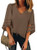 Utyful Women s Brown Casual V Neck Mesh Panel 3 4 Bell Sleeve Solid Loose Blouse Top Medium