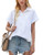 Womens Loose Blouse Short Sleeve V Neck Button Down Shirts Roll-Up Sleeve Casual Work Plain Tops White M