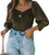 Womens Casual Long Sleeve Crop Tops Slim V Neck Tee Basic T Shirt Blouses Olive Green