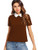 Romwe Womens Cute Contrast Collar Short Sleeve Casual Work Blouse Tops Brown Large