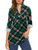 Siddhe Women Roll-Up 3/4 Sleeve Green Plaid Tunic Shirts Button Up V Neck Casual Pullover Blouses Fall Winter Tops Medium