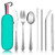 Reusable Portable Utensils E-far 8-Piece Hammered Travel Silverware Set with Case Stainless Steel Camping Cutlery Flatware Including Knife/Fork/Spoon/Chopsticks/Straws/Cleaning Brush -Green-