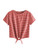 Romwe Women's Knot Front Cuffed Sleeve Striped Crop Top Tee T-Shirt Maroon Medium