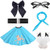 50s Girls Costume Accessory Set - Poodle Skirt,Elastic Cinch Belt,Ponytail Holders,Chiffon Scarf,Cat Eye Glasses,Bobby Socks,Blue