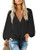 luvamia Women's Casual Long Balloon Sleeve V Neck Loose Button Down Shirts Tie Knot Tops Blouse Black Size L