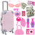 K.T. Fancy 19 pcs Doll Suitcase Travel Luggage Play Sets for 18 Inch Doll Travel Carrier Storage, Including Doll Luggage Sunglasses Camera Lipsticks Perfume Passport Tickets Cashes