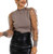 Women Sheer Mesh Puff Sleeve Knitted Blouse Polka Dots Mock Neck Slim Fit T Shirt Tops Party (Brown, XL)
