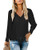 OUGES Women Button Front Shirts Casual V Neck Tops Long Sleeve Blouse with Tie(Black,S)