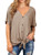 IWOLLENCE Womens Waffle Knit Tunic Blouse Tie Knot Short Sleeve Henley Tops Loose Fitting Bat Wing Shirts Khaki Large