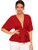 SheIn Women's Plunge V Neck Short Sleeve Ruffle Hem Tie Front Peplum Top Blouses Red Medium