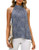imesrun Womens Mock Neck Tank Tops Leopard Print Sleeveless Button Down Blouse Shirts Blue Medium