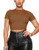 Cuihur Women's Casual Short Sleeve Mock Neck Crop Top Slim Fit Ribbed Knit T Shirt Soild Basic Tee Tops Caramel S