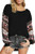 Women's Long Sleeve- Waffle Knit Shirt Boat Neck Tunic Tops Blouse- Black Floral Print Sleeve- S