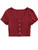 Romwe Women's Casual Short Sleeve V Neck Buttons Down Ribbed Crop Top Tee Burgundy M