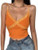 Amilia Women's Sexy V Neck Lace Crop Top Spaghetti Strap Crochet Patchwork Crop Cami Tank Tops -Orange- S-
