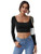 Floerns Women's Casual Ruched Bust Scoop Neck Long Sleeve Rib Knit Crop Top Tee Black XS