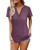OUGES Womens Short Sleeve V Neck Button Summer Casual Henley Tops Blouse T Shirt -Dark red-Short Sleeve-L-