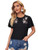 Romwe Women's Floral Embroidery Flutter Short Sleeve Round Neck T Shirt Tee Tops Black M