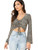 Floerns Women's Solid V Neck Drawstring Front Bell Sleeve Knit Crop Top Tee Leopard Print XL