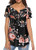 ASKSA Womens Shirts Loose Fit Tunic Tops Short Sleeve V Neck Button Up Floral Printed Casual T Shirt Blouses Black