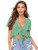 SheIn Women's Floral Ruffle Hem Blouse Short Puff Sleeve Deep V Neck Tie Front Crop Top Shirt Dark Green Small
