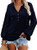 VICHYIE Womens Hoodies Long Sleeve Tunic Top Button Down V Neck Loose Casual Drawstring Henley Shirt Pullover Sweatshirt Blouses Blue M