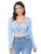 Romwe Women's Plus Size Knot Front Cutout Ruched V Neck Long Sleeve Crop Tops Blouse Blue 3XL