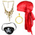 Beelittle Halloween Pirate Costume Accessories Durag Long-Tail Headwraps Silky Pirate Cap Pirate Eye Patch Gold Earring Necklace Pirate Role Play Set -Red 2-