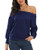INWECH Women Long Sleeve Crew Neck Pullovers Loose Knitted Sweaters Off Shoulder Tunic Blouse Tops -Navy Blue Medium-