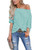 LACOZY Women's Casual Waffle Knit Tunic Blouse Sexy Off The Shoulder Tops Knot Batwing T Shirt Blue Green Blue Medium(8/10)