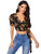 SheIn Women's V Neck Short Sleeve Self Tie Wrap Floral Crop Tops Blouse Floral Gold and Black X-Large