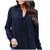 Women's Casual Long Sleeve V Neck Blouse Solid Button Down Loose Tops Office Neckline Knotted Shirts Navy