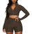 Workout Sets for Women 2 Piece Textured Zip Up Long Sleeve Crop Top Butt Lift Biker Shorts Summer Gym Yoga Outfits-C-Brown,L-