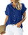 Womens V Neck Shirts Loose Blouse Short Sleeve Button Down Casual Work Tops with Pockets Blue