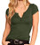 Women's Summer Henley Shirts Notch V Neck Button Tee Short Sleeve Cap Tops Soild Casual Slim Blouse Army Green