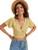 SheIn Women's V Neck Short Sleeve Self Tie Wrap Floral Crop Tops Blouse Ditsy Floral Yellow Large