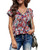 BIOHANBLE Womens Summer Cute Floral Ruffle Short Sleeve V Neck Casual Boho Loose Ladies Tops Shirts Blouses -Q-WineRed, L-