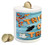 Lunarable Vintage Halloween Piggy Bank, Trick or Treat Cookie Wooden Table Ghost Bat Web Halloween, Printed Ceramic Coin Bank Money Box for Cash Saving, Blue Amber Multicolor