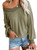 Womens V Neck Long Sleeve Fall Waffle Knit Tops Oversize Off Shoulder Pullover Sweater Army Green Small