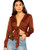SheIn Women's Long Sleeve Self Tie Knot Front Satin Crop Top Blouse Shirt Rusty Brown Medium