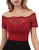 DJT Womens Off Shoulder Short Sleeve Lace Patchwork Slim Fit Blouses Tops Shirt Red Medium