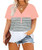 Ritera Plus Size Women Shirts Color Block Tunic Top V-Neck Button Short Sleeve Casual T-Shirt Blouse Pink XL