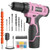 FADAKWALT Cordless Drill Set,12V Power Drill Set with Battery and Charger, compact Driver/Drill Bits, 3/8'' Keyless Chuck,21+1 Torque Setting, 150 inch-lbs, with LED Electric Drill Set?Pink?