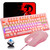 Mechanical Gaming Keyboard Blue Switch Mini 82 Keys Wired Rainbow LED Backlit Keyboard,Lightweight Gaming Mouse 6400DPI Honeycomb Optical,Gaming Mouse Pad for Gamers and Typists(Pink)